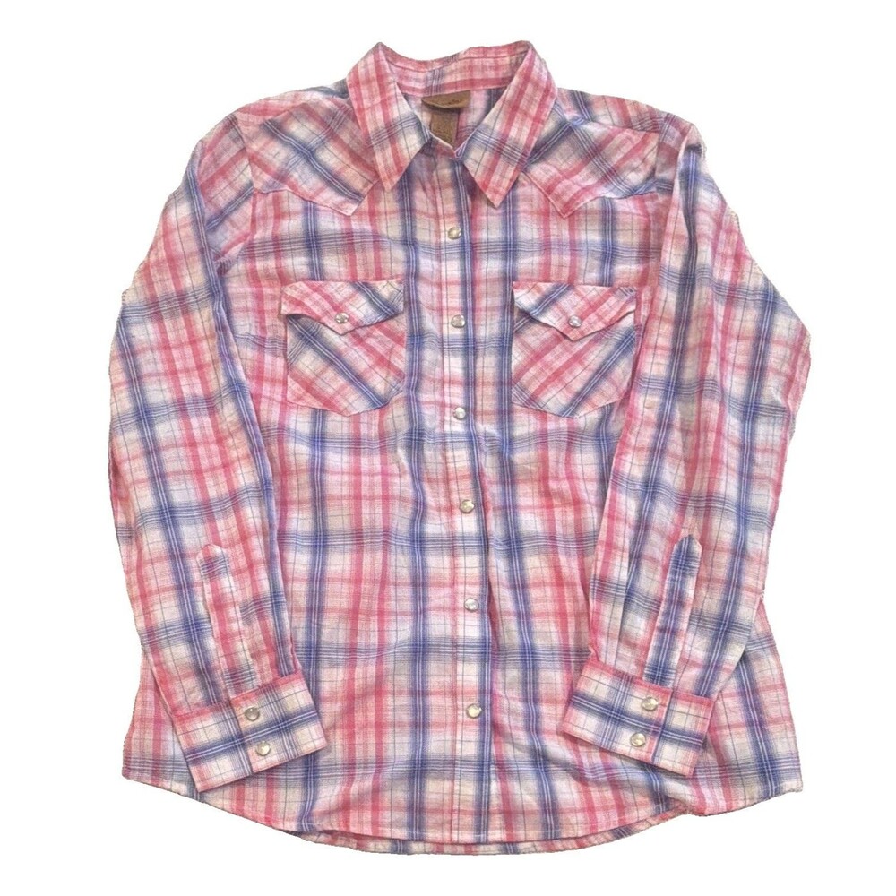 Wrangler Women’s L Plaid Long Sleeve Snap-Front Button-Up Shirt Pockets Pink